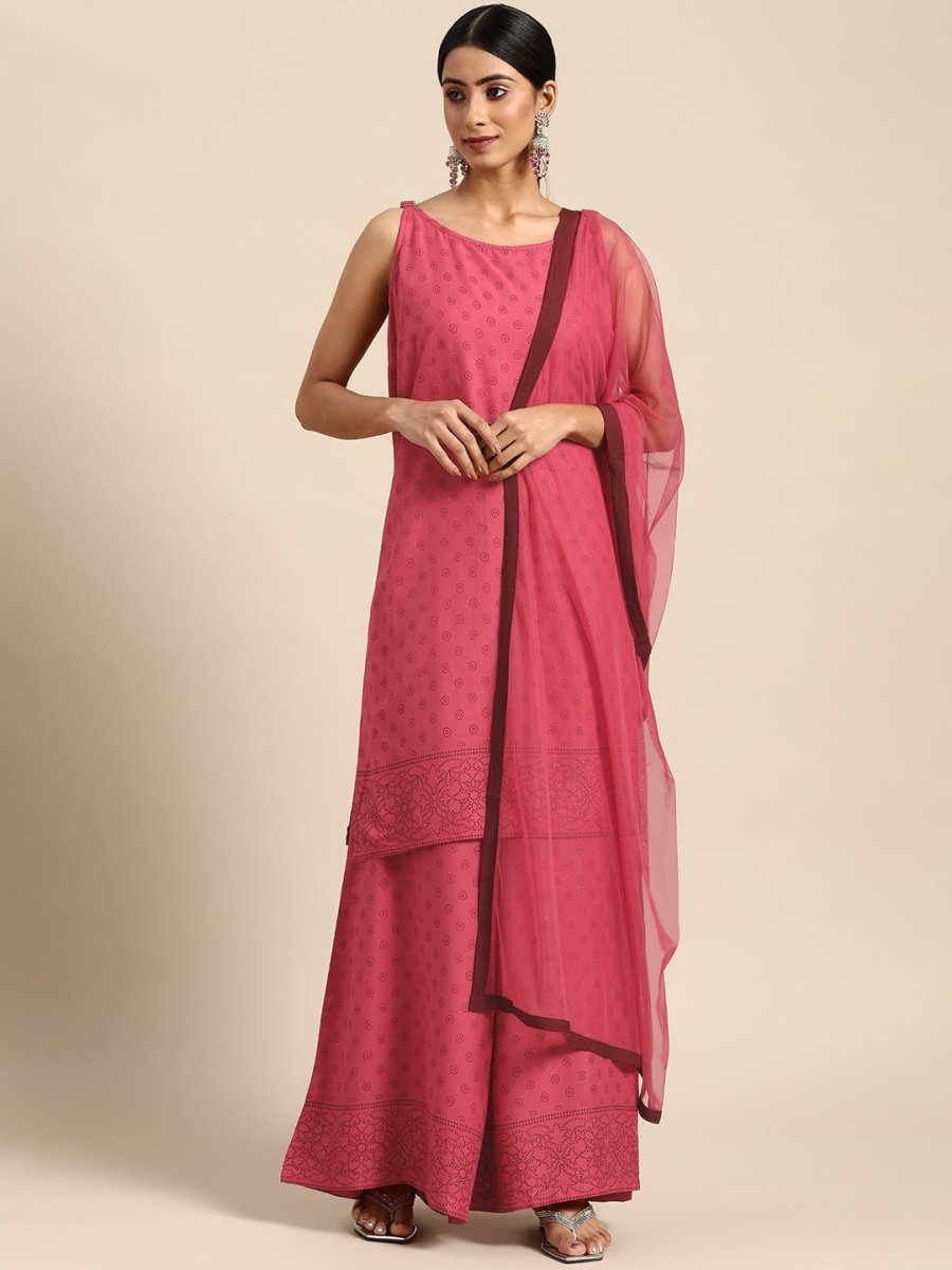 All About You Women Pink Printed Kurta with Palazzos & Dupatta | Grocsy
