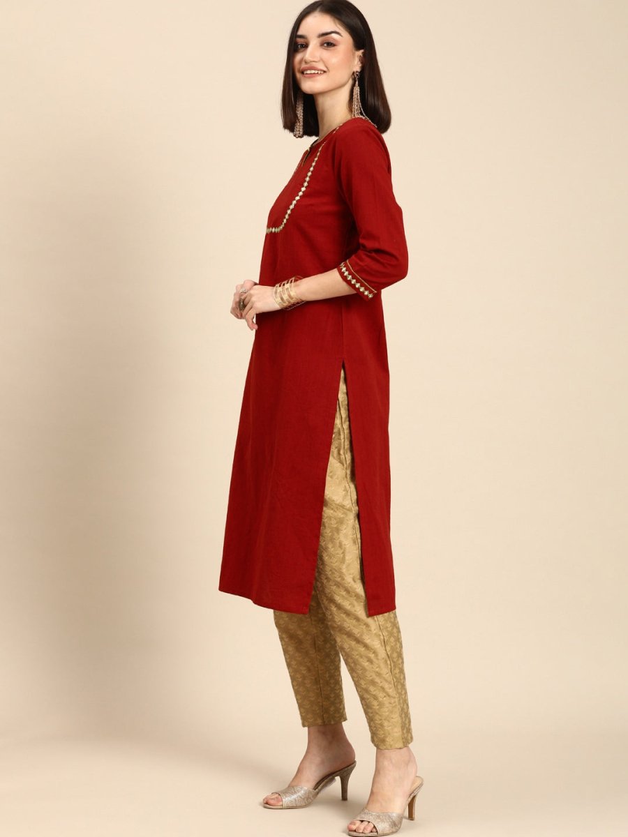 All About You Women Red & Gold-Toned Keyhole Neck Gotta Patti Kurta | Grocsy