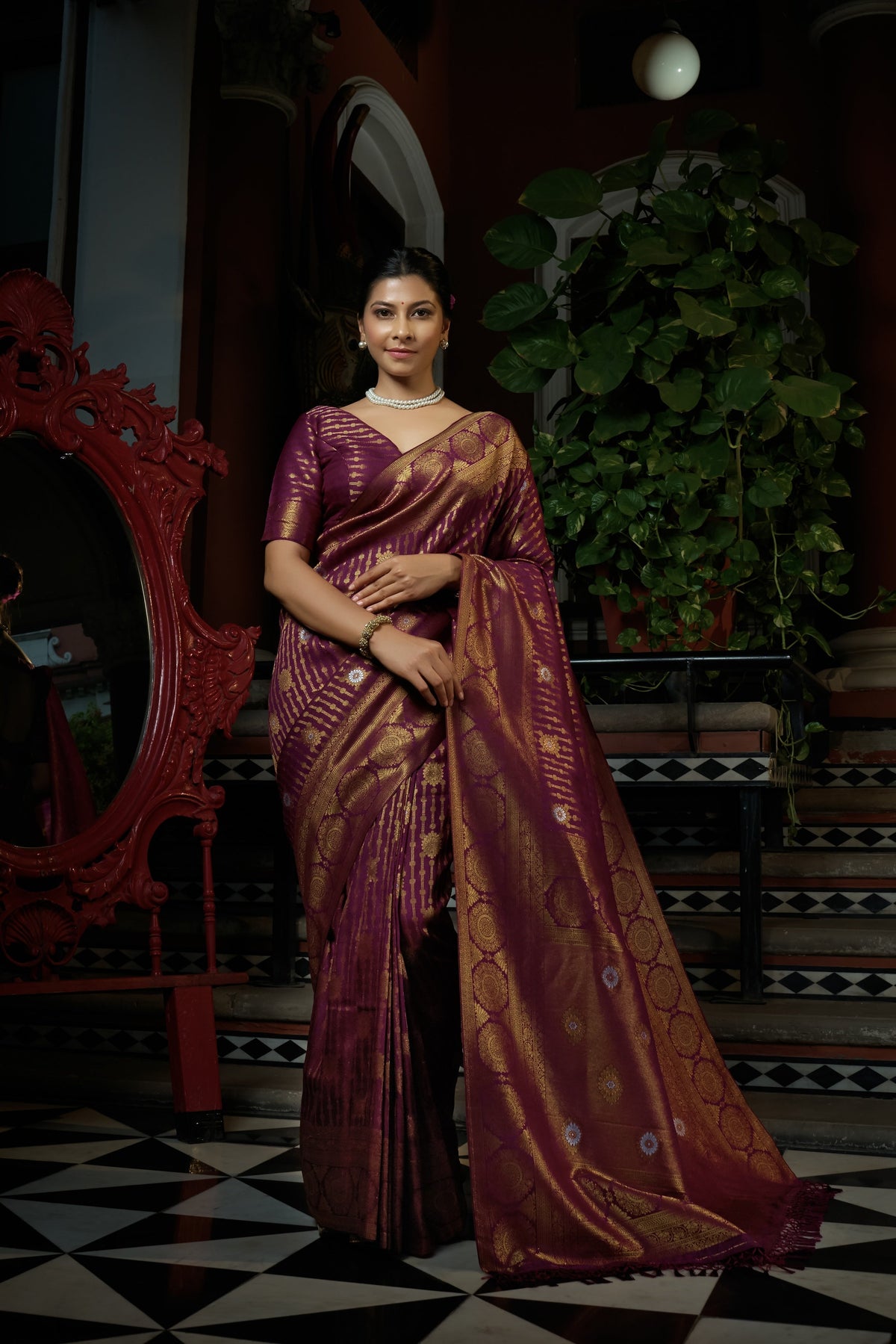 Vardha Myrtle Wine Copper-Silver Zari Kanjeevaram Silk Saree | Grocsy