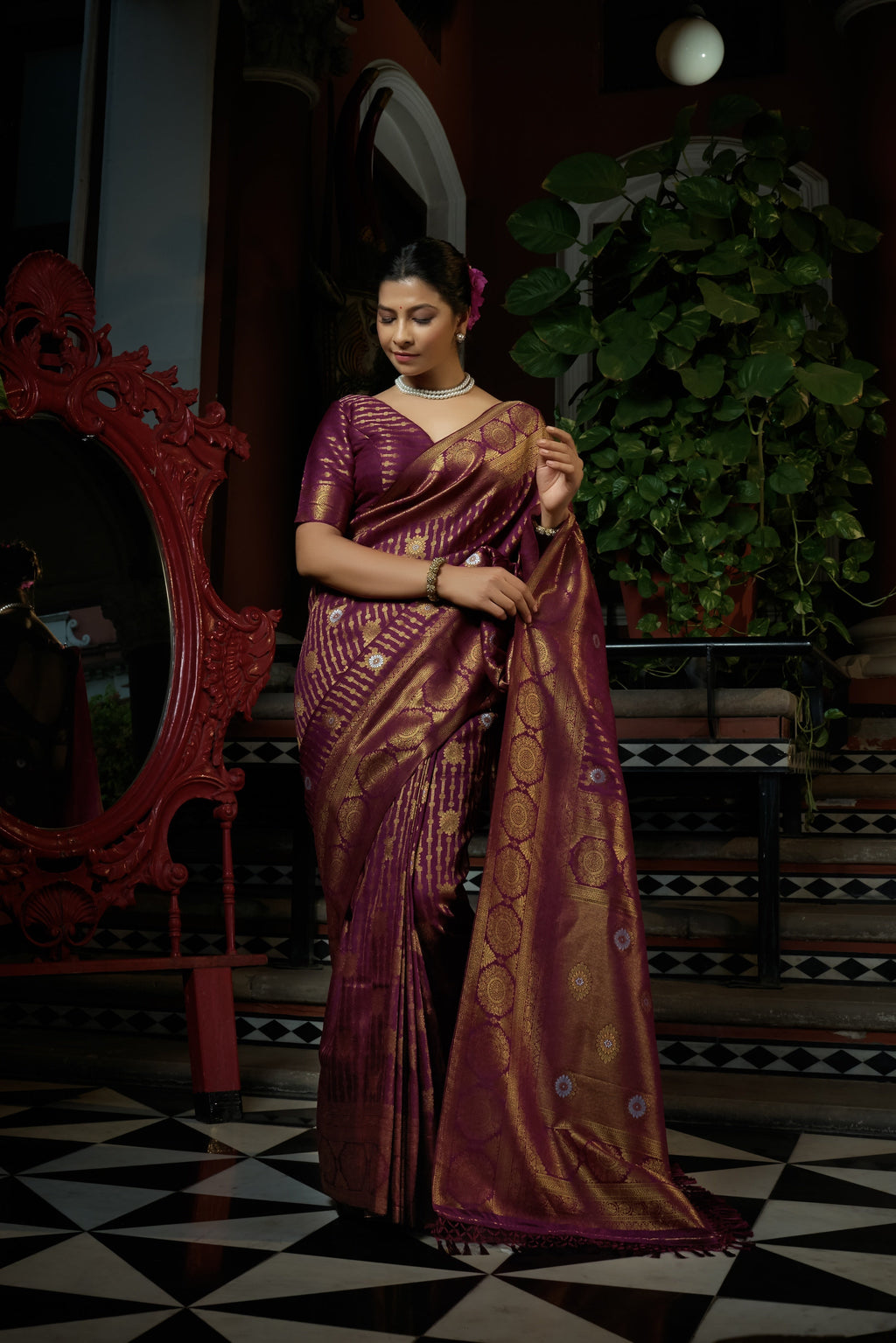 Vardha Myrtle Wine Copper-Silver Zari Kanjeevaram Silk Saree | Grocsy