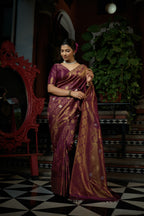 Vardha Myrtle Wine Copper-Silver Zari Kanjeevaram Silk Saree | Grocsy