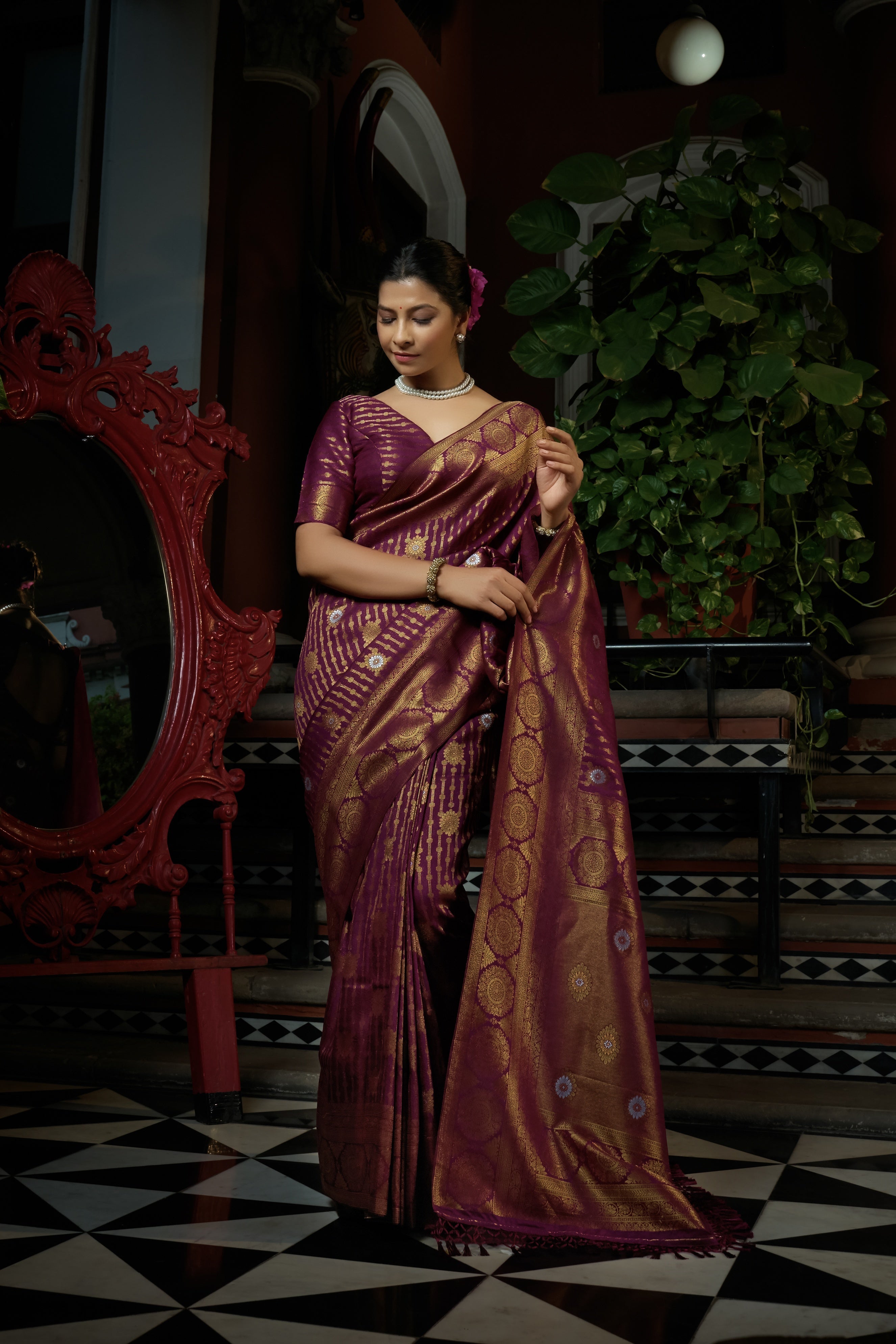 Vardha Myrtle Wine Copper-Silver Zari Kanjeevaram Silk Saree | Grocsy