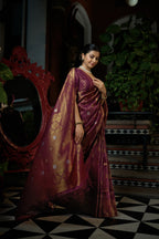 Vardha Myrtle Wine Copper-Silver Zari Kanjeevaram Silk Saree | Grocsy