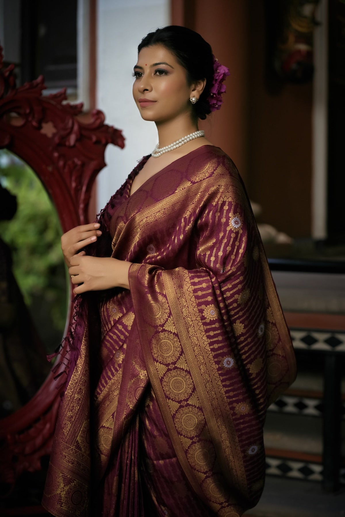 Vardha Myrtle Wine Copper-Silver Zari Kanjeevaram Silk Saree | Grocsy