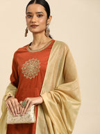 All About You Women Orange& Cream Embroidered Kurta with Dupatta | Grocsy