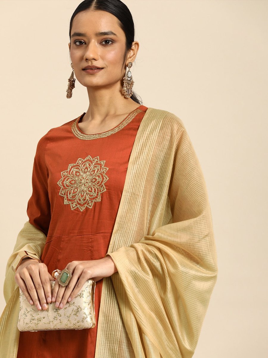 All About You Women Orange& Cream Embroidered Kurta with Dupatta | Grocsy