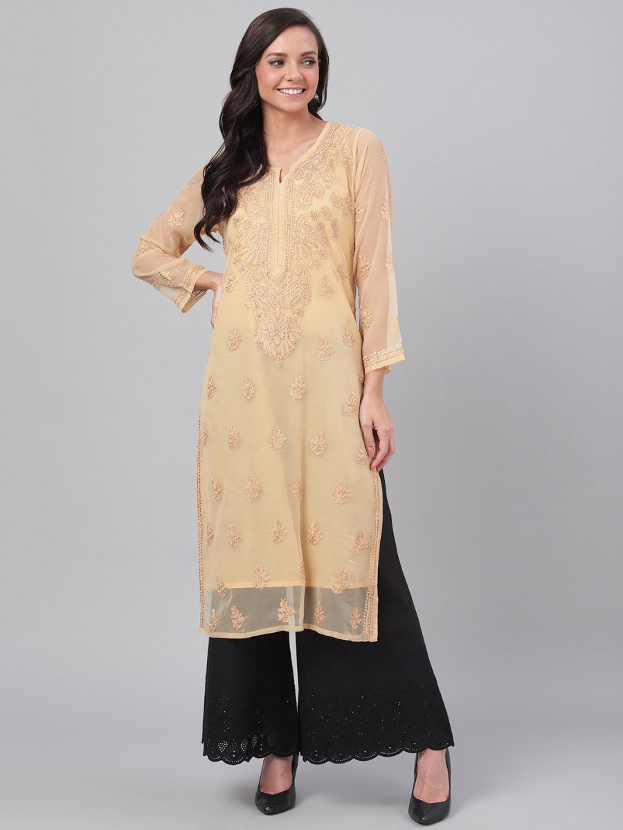 ADA Women Beige Chikankari Hand Embroidered Straight Sustainable Handloom Kurta With Slip | Grocsy
