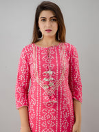 HERE&NOW Pink Tie Up Neck Bandhani Printed Gotta Patti Kurta | Grocsy