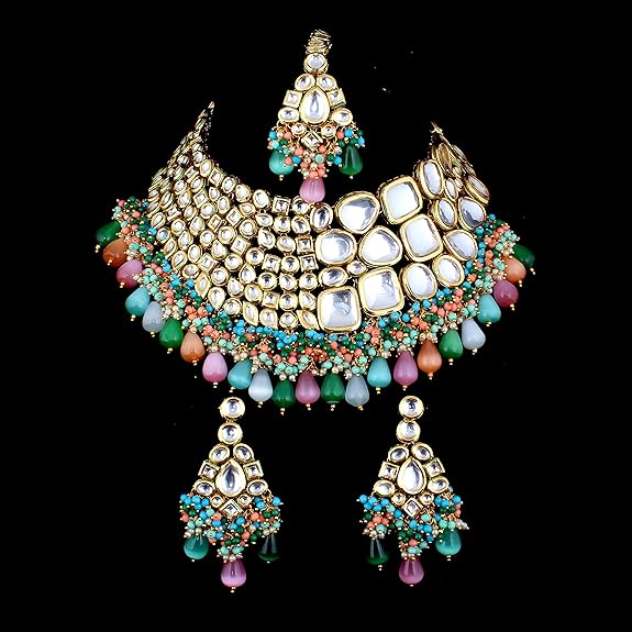 Tehzeeb Creations Meenakari Gold-Polished Multi color Uncut dibbi Kundan Combo Necklace Set | Grocsy