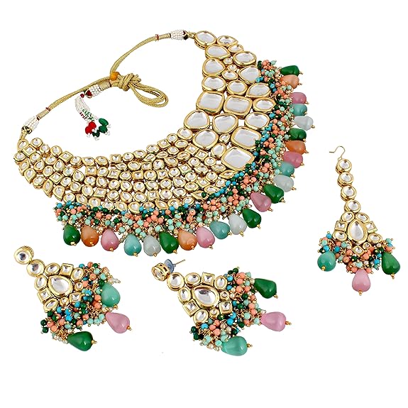 Tehzeeb Creations Meenakari Gold-Polished Multi color Uncut dibbi Kundan Combo Necklace Set | Grocsy