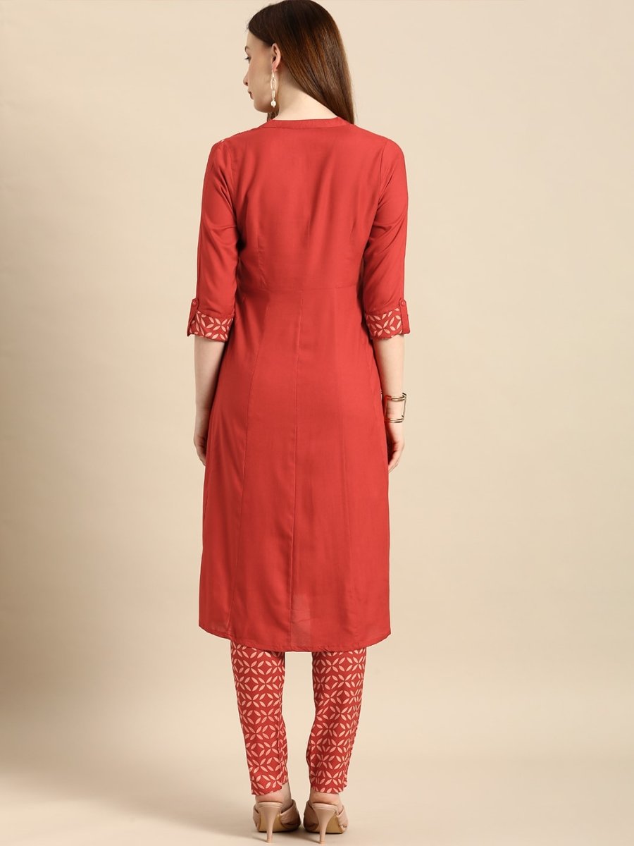 All About You Women Red & Cream Printed Kurta with Trousers | Grocsy