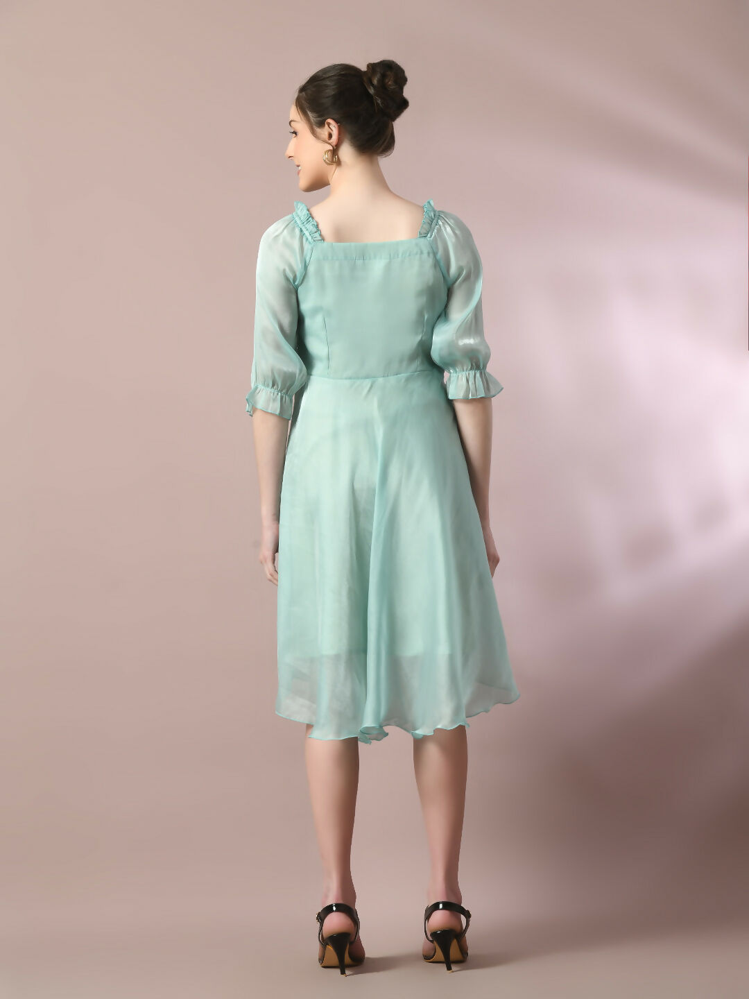 Myshka Women's Sea Green Solid Square Neck Fit and Flare Party Dress | Grocsy
