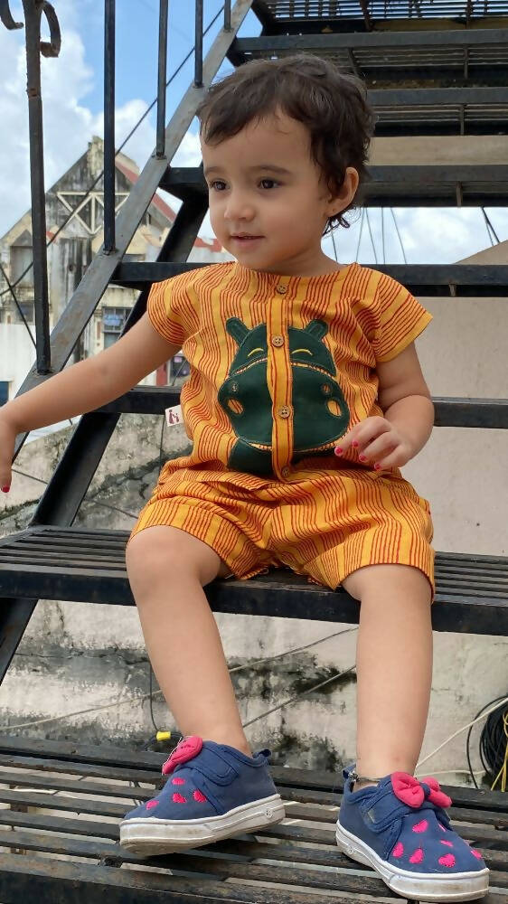 Mhyssa Motto Yellow and Red Half Sleeve T-shirt With Shorts Set For Kids | Grocsy