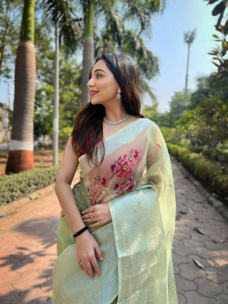 Vamsee Mehar Pista Green Organza Saree | Grocsy