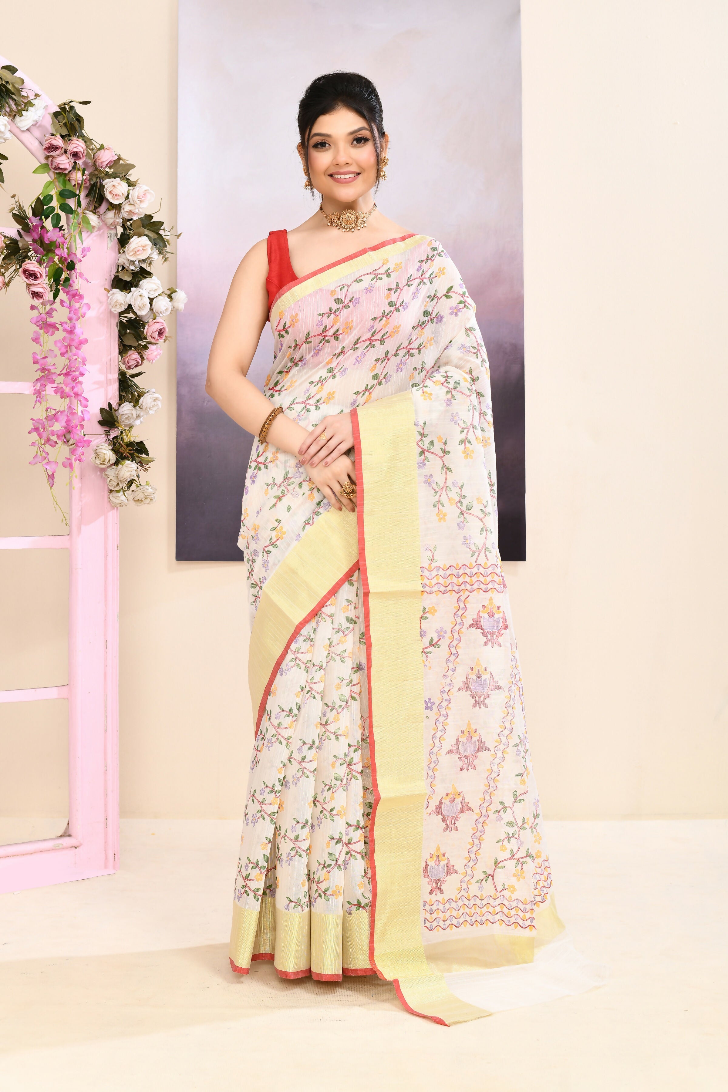 Piyari Fashion Women's White Embellished Cotton Blend Printed Saree | Grocsy