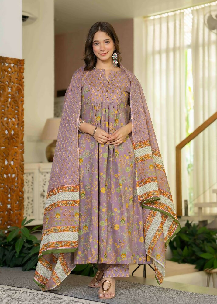 Jaimini Women Cotton Printed Round Neck 3/4 Sleeves Calf Length Flared Kurta Pant And Dupatta Set | Grocsy