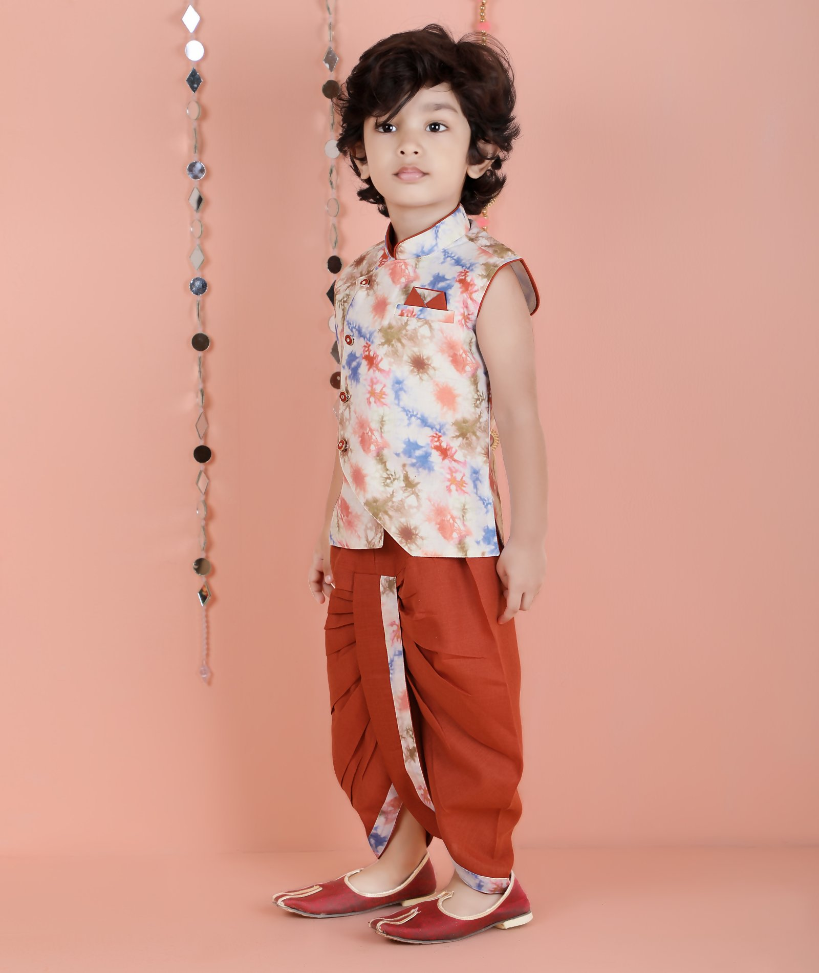 Joban Fashion Kids Island Cotton Sleeveless printed Kurta and Solid Dhoti - Rust | Grocsy