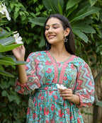 Kaajh Women's Green Hand Block Printed Dress | Grocsy