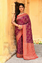 Joban Fashion Hot Pink Crepe Chiffon Pure Handloom Banarasi Silk Saree | Grocsy