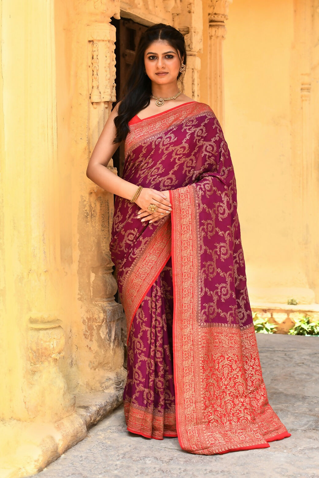 Joban Fashion Hot Pink Crepe Chiffon Pure Handloom Banarasi Silk Saree | Grocsy