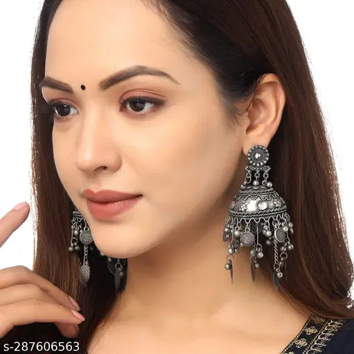 Tehzeeb Creations Women's Black Colour Oxidised Earrings In Jhumki Style | Grocsy