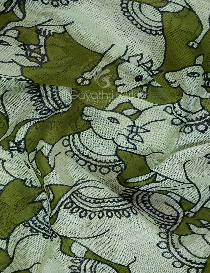 Shades of Mehndi Green And Black With Pichwai Print Munga Cotton Saree By Gayathri Reddy Designer Studio | Grocsy