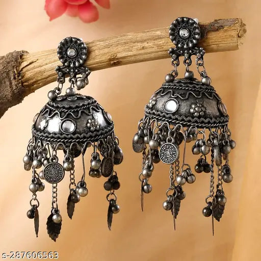 Tehzeeb Creations Women's Black Colour Oxidised Earrings In Jhumki Style | Grocsy