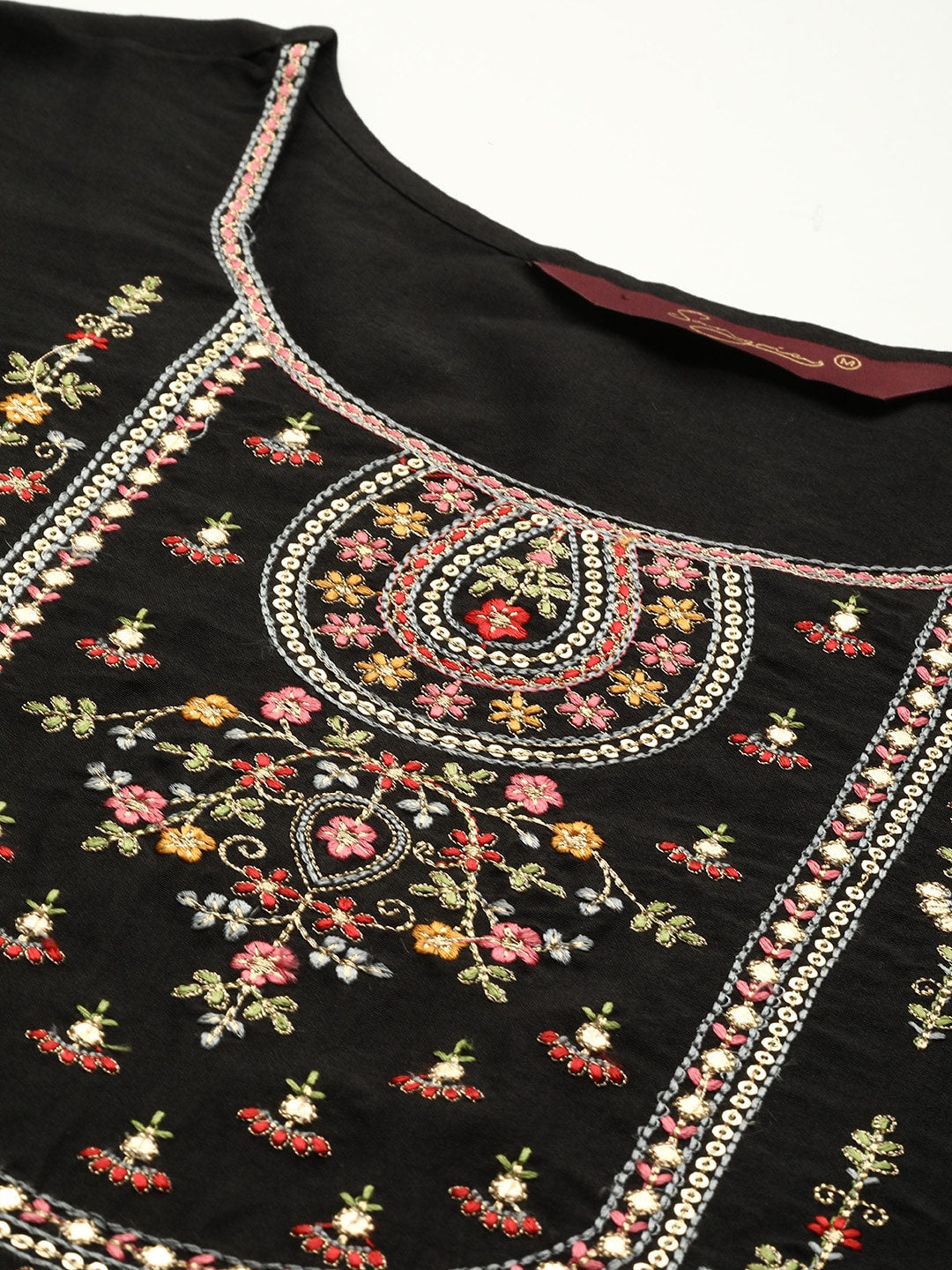 Sangria Women Black Ethnic Motifs Embroidered Floral Kurta | Grocsy