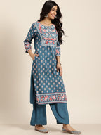 Sangria Women Teal Blue & White Printed Kurta with Palazzos | Grocsy