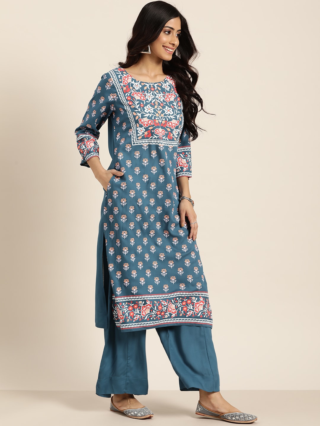 Sangria Women Teal Blue & White Printed Kurta with Palazzos | Grocsy