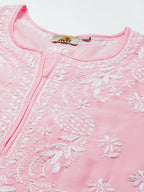 ADA Women Pink & White Ethnic Motifs Embroidered Chikankari Cotton Kurta | Grocsy