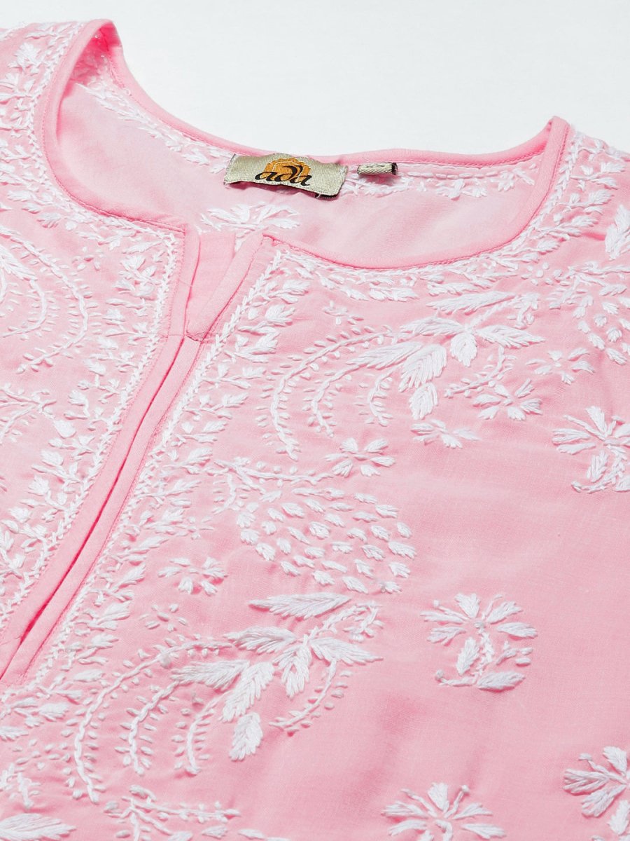 ADA Women Pink & White Ethnic Motifs Embroidered Chikankari Cotton Kurta | Grocsy