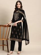 Sangria Women Black Floral Yoke Design Regular Kurta with Trousers & With Dupatta | Grocsy