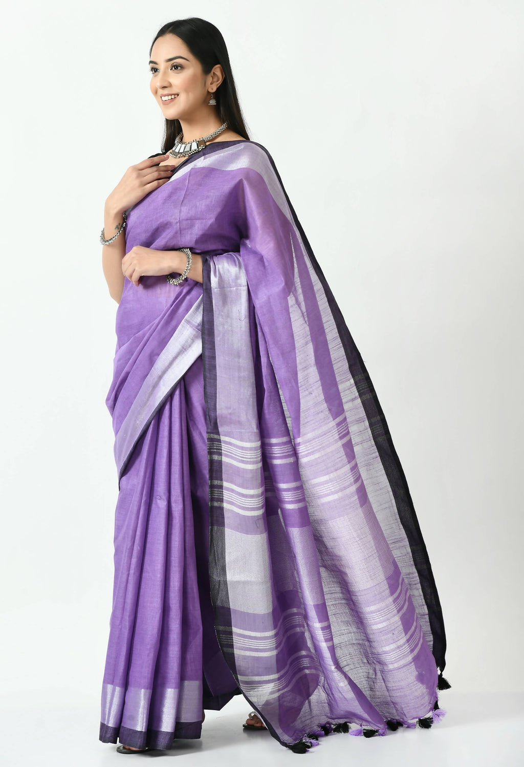 Mominos Fashion Moeza Purple & Black Bhagalpuri Handloom Silk Linen Saree with unstitched Blouse piece | Grocsy
