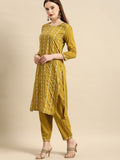 All About You Women Mustard Yellow Floral Embroidered Thread Work Kurta with Trousers | Grocsy