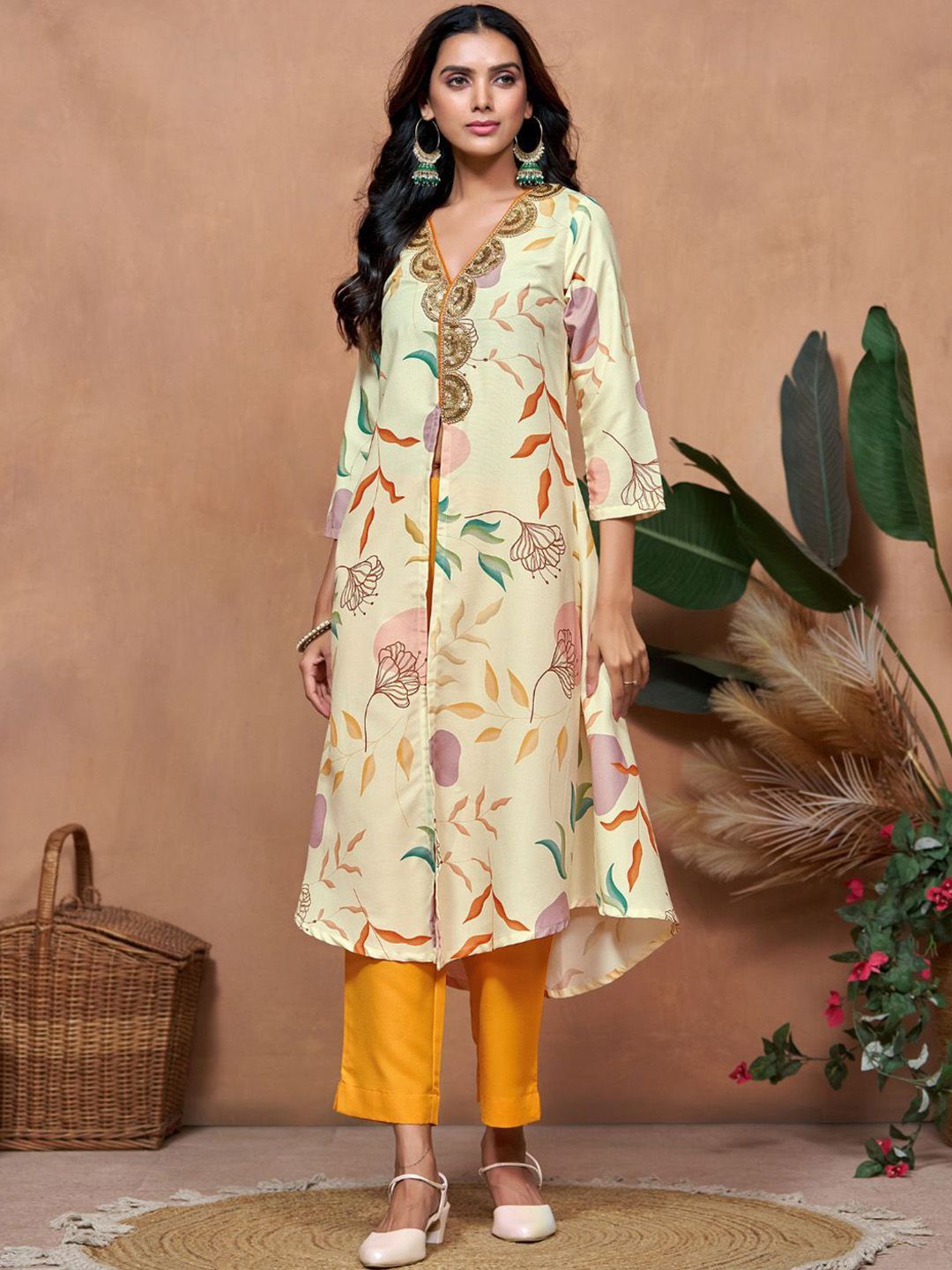 Sangria Off White Floral Printed V-Neck Three-Quarter Sleeves A-Line Kurta & Trouser | Grocsy