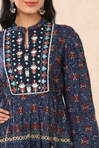 Juniper Womens Indigo Rayon Multicolor Printed Maxi Dress With Yoke Mirror Embroidery | Grocsy