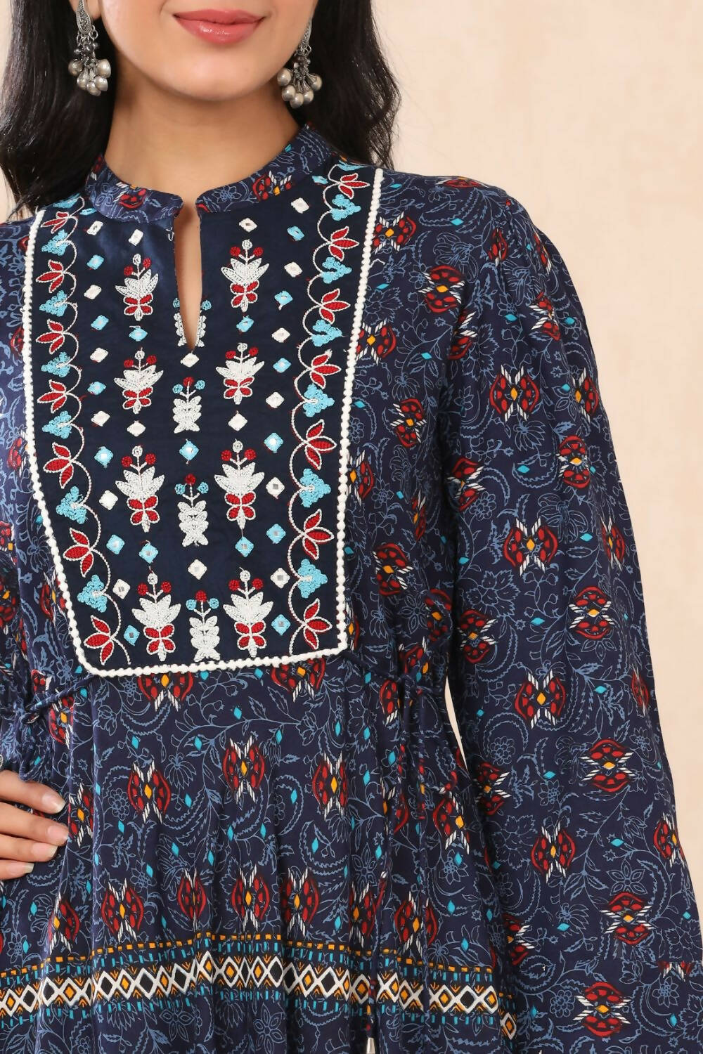 Juniper Womens Indigo Rayon Multicolor Printed Maxi Dress With Yoke Mirror Embroidery | Grocsy