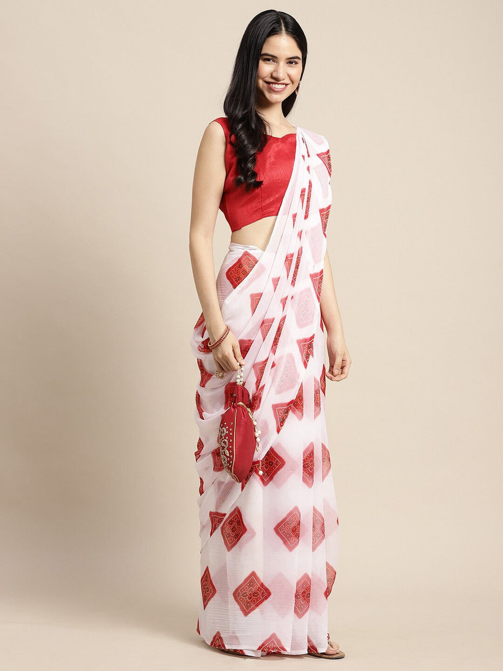 Saree Mall Women White & Red Printed Poly Chiffon Bandhani Saree With Matching Blouse | Grocsy