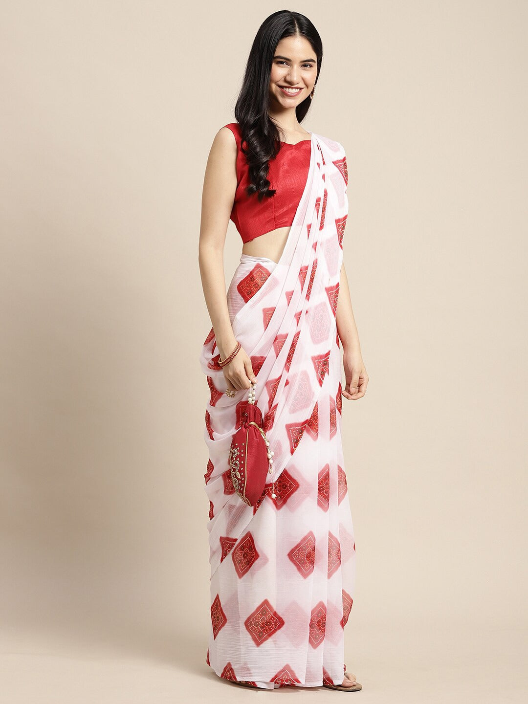 Saree Mall Women White & Red Printed Poly Chiffon Bandhani Saree With Matching Blouse | Grocsy