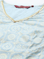 Sangria Gold-Toned Foil Printed Sequinned Detail A-Line Kurta with Palazzos | Grocsy