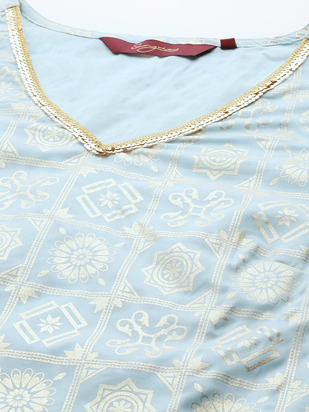 Sangria Gold-Toned Foil Printed Sequinned Detail A-Line Kurta with Palazzos | Grocsy