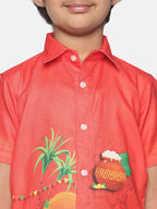 Sethukrishna Boys Red & White Printed Shirt with Dhoti | Grocsy