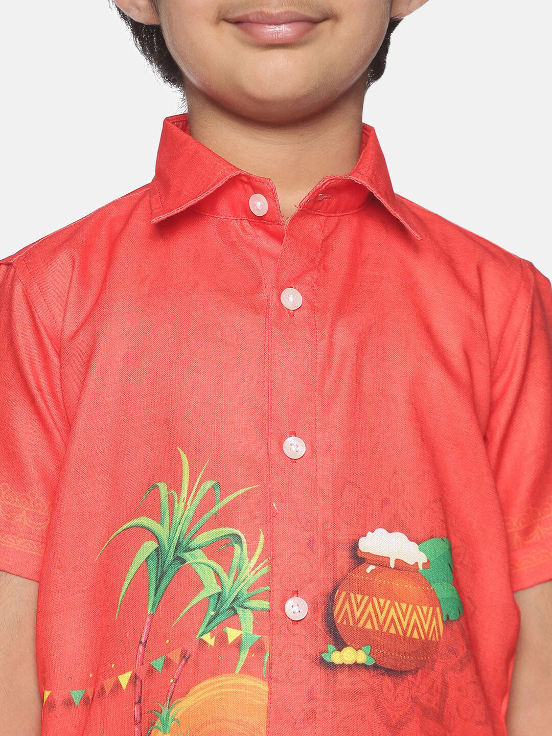 Sethukrishna Boys Red & White Printed Shirt with Dhoti | Grocsy