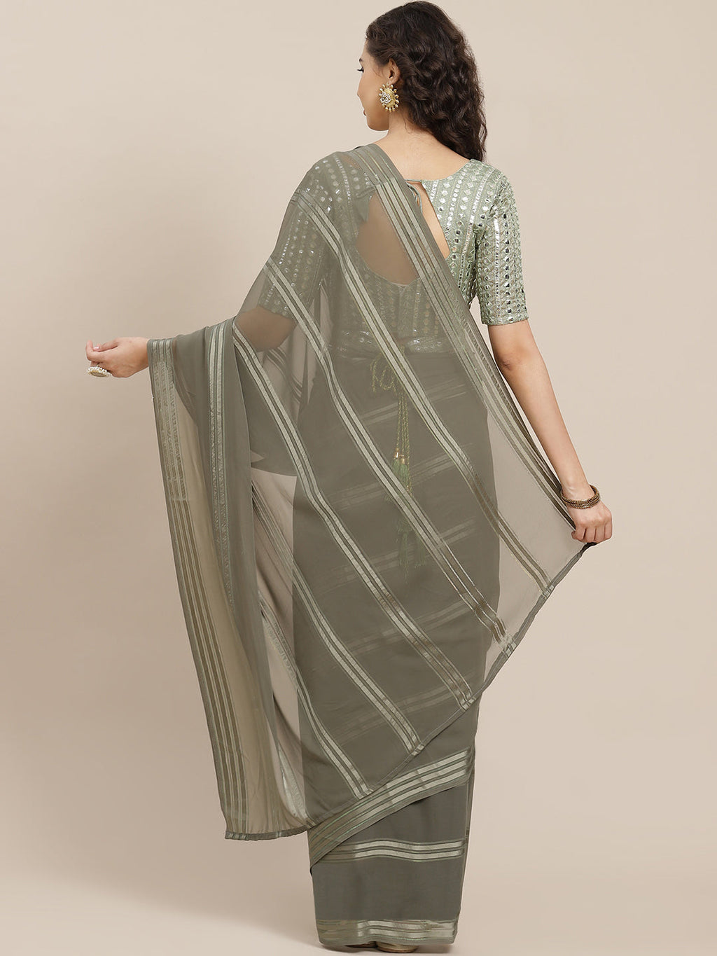 Saree Mall Taupe Striped Leheriya Saree With Belt | Grocsy