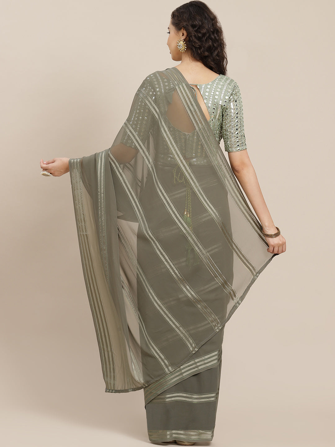 Saree Mall Taupe Striped Leheriya Saree With Belt | Grocsy