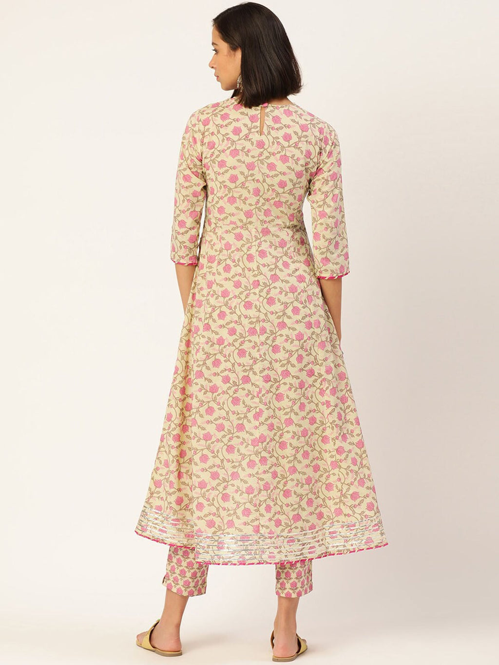 HERE&NOW Women Pink Floral Printed Angrakha Pure Cotton Kurta with Trousers & With Dupatta | Grocsy