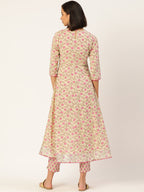 HERE&NOW Women Pink Floral Printed Angrakha Pure Cotton Kurta with Trousers & With Dupatta | Grocsy