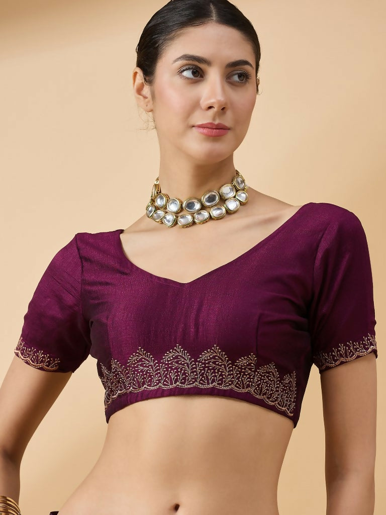Purple Silk Blend Embroidered Saree with Unstitched Blouse - Vairagi | Grocsy