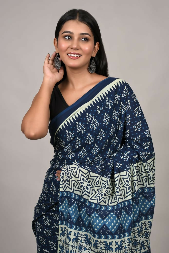 Exclusive Collection Blue Multi Beautiful Mulmul Cotton Saree | Grocsy